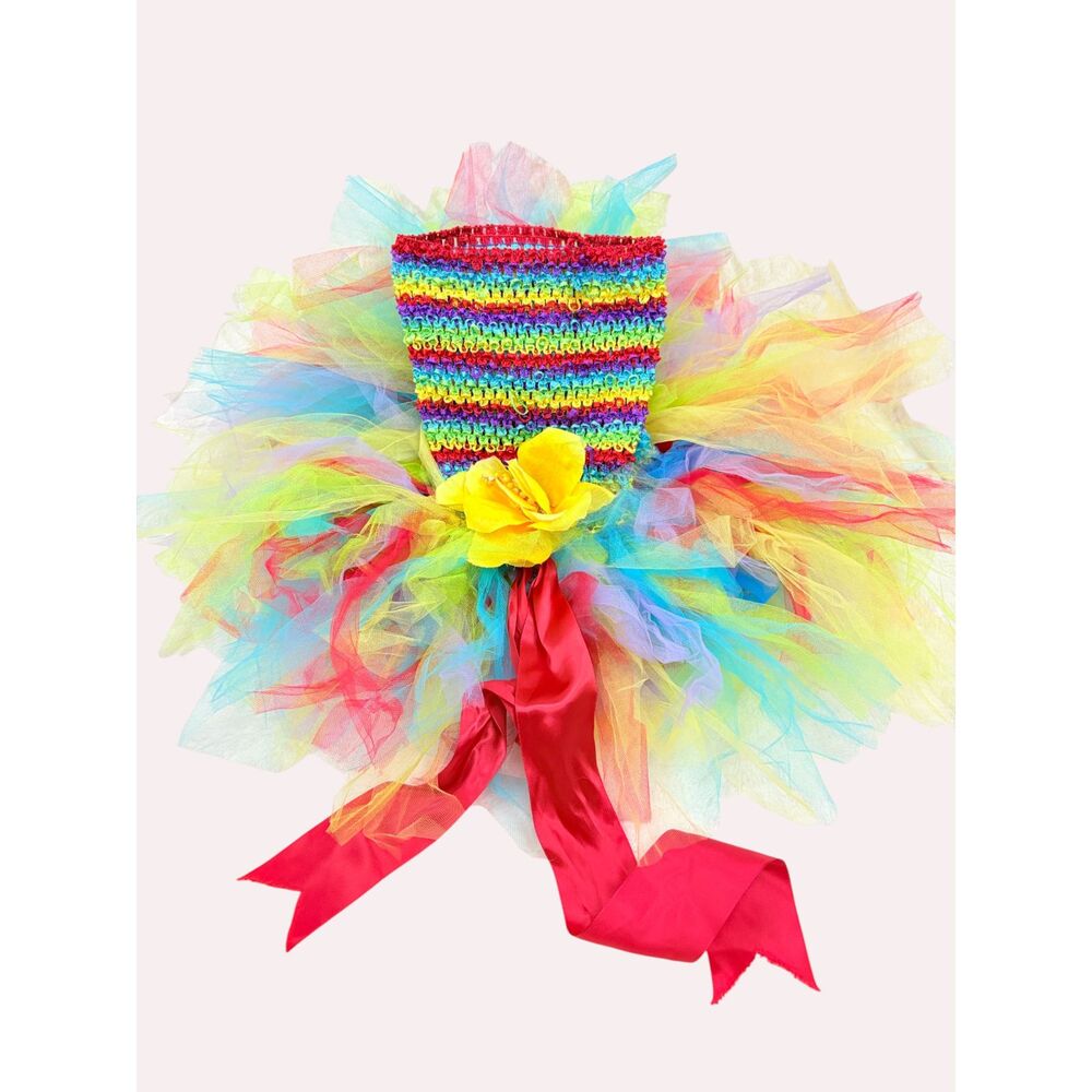 Girl's Rainbow Tutu Smocked Tube Top Tattered Red Ribbon Halloween Costume Party